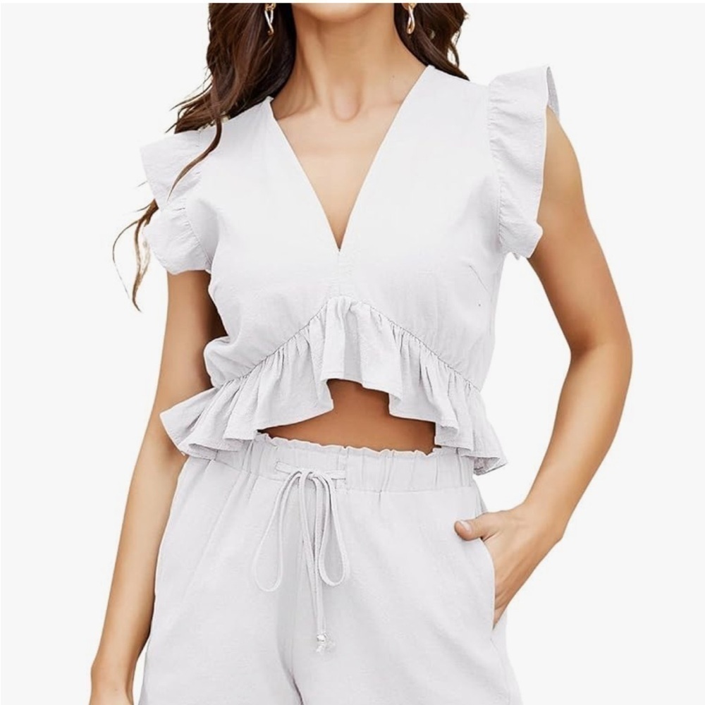 Fancy Inn White Cotton Ruffle Cropped Top Size Large - Picture 3 of 12